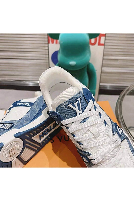 Женские кожаные кроссовки Louis Vuitton Trainer Monogram - White / Blue