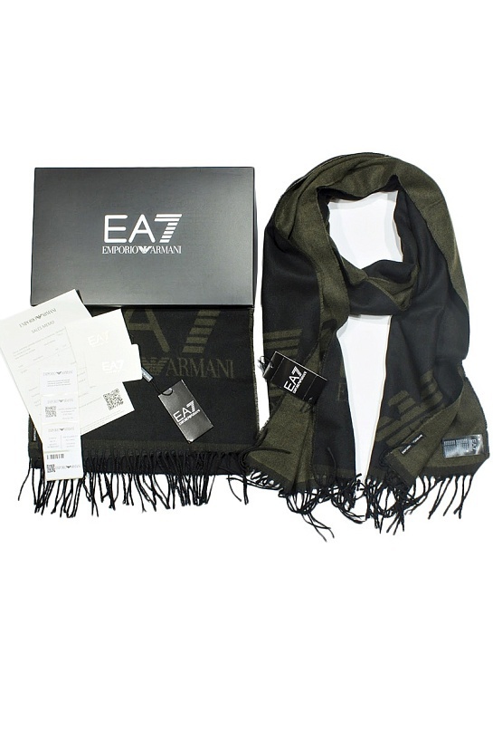 Брендовый чёрный шарф с логотипом Emporio Armani 7 185x35 см