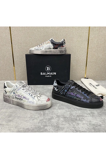 Белые кожаные кроссовки Balmain B-Court Graffiti   