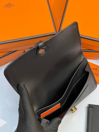 Кожаный кошелёк Hermes Dogon Duo - Black 19.5x12 см   