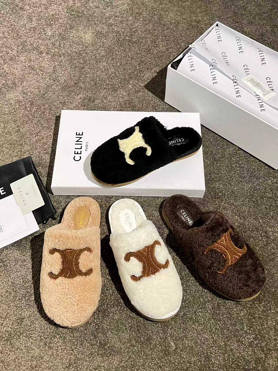 Женские меховые шлёпанцы Celine Triomphe premium