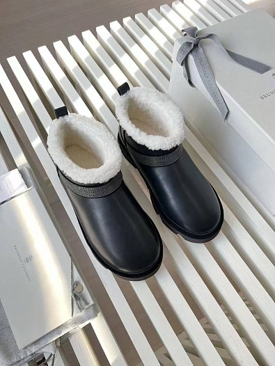 Женские кожаные угги с мехом Brunello Cucinelli Premium - Black   