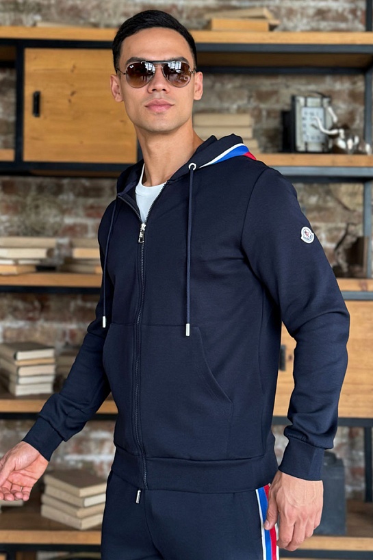 Тёмно-синяя кофта на молнии Moncler striped logo