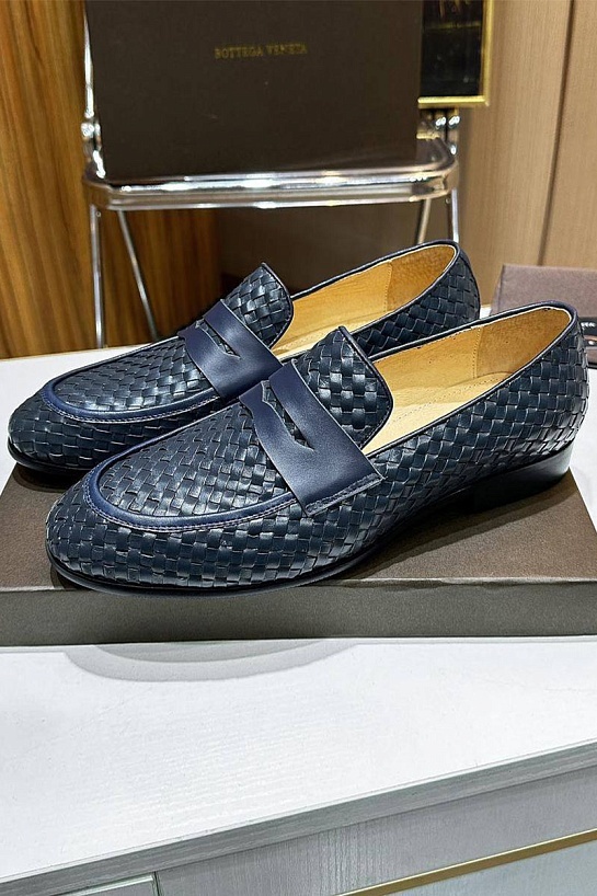 Мужские кожаные лоферы Bottega Veneta Intrecciato - Navy