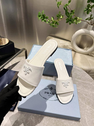 Женские кожаные шлёпанцы Prada Premium - White   
