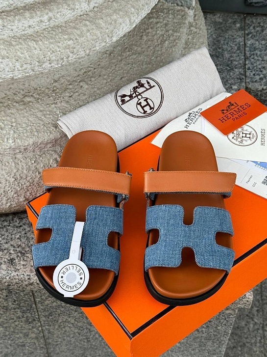 Женские кожаные сандалии Hermes Chypre - Brown / Blue