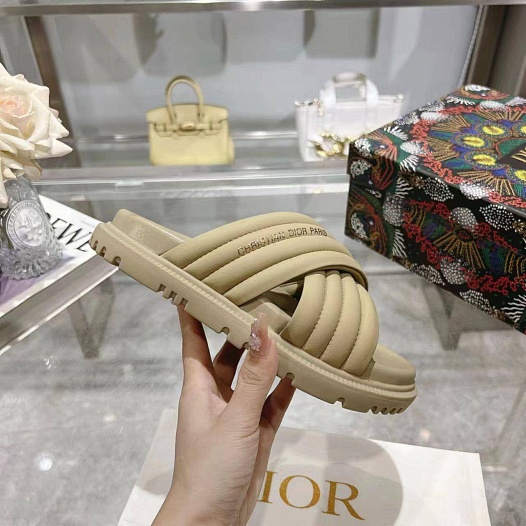 Женские кожаные шлёпанцы Dior D-Cross - Beige   