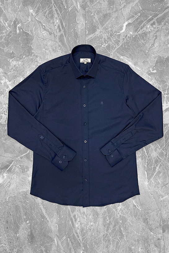 Мужская тёмно-синяя рубашка Hermes H embroidered