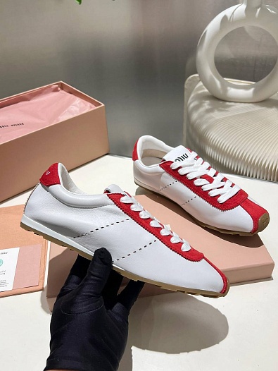 Женские кожаные кроссовки MIU MIU Premium - White / Red   