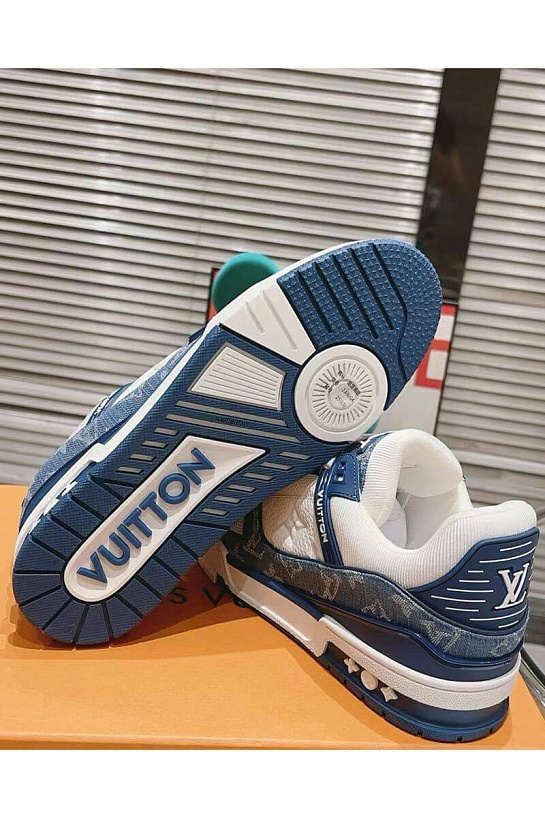 Женские кожаные кроссовки Louis Vuitton Trainer Monogram - White / Blue
