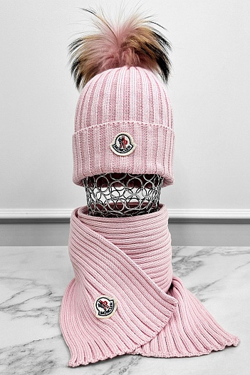 Комплект из шапки и шарфа розового цвета Moncler logo-patch   