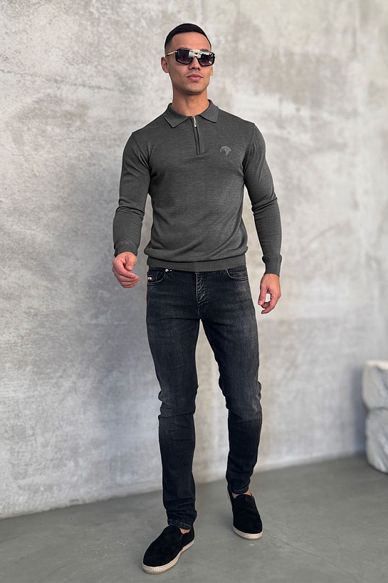 Серое поло с длинным рукавом Stefano Ricci zip-up