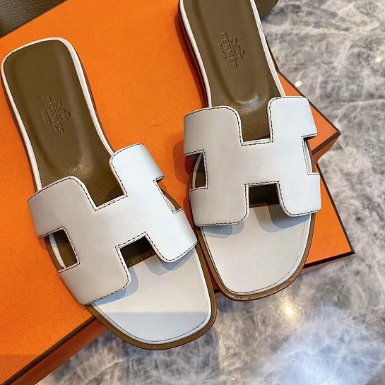 Женские кожаные шлёпанцы Hermes Premium - White