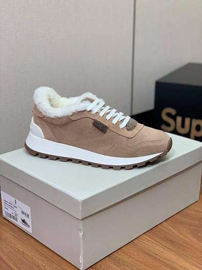 Женские замшевые кроссовки с мехом Brunello Cucinelli premium   