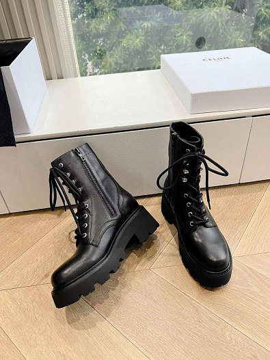 Женские кожаные ботинки с мехом Celine premium - Black   
