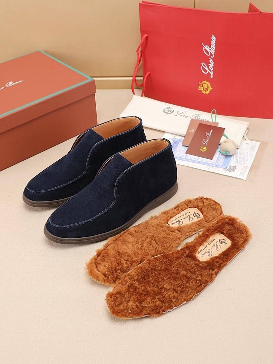 Замшевые лоферы с меховой стелькой Loro Piana Open Walk - Navy