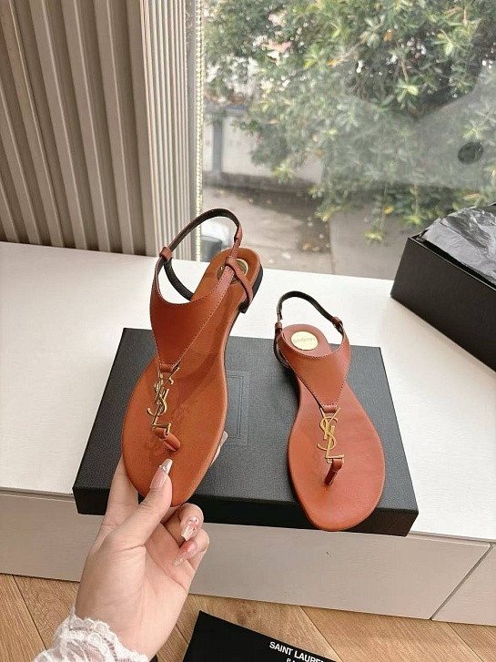 Женские кожаные сандалии Yves Saint Laurent Premium - Brown