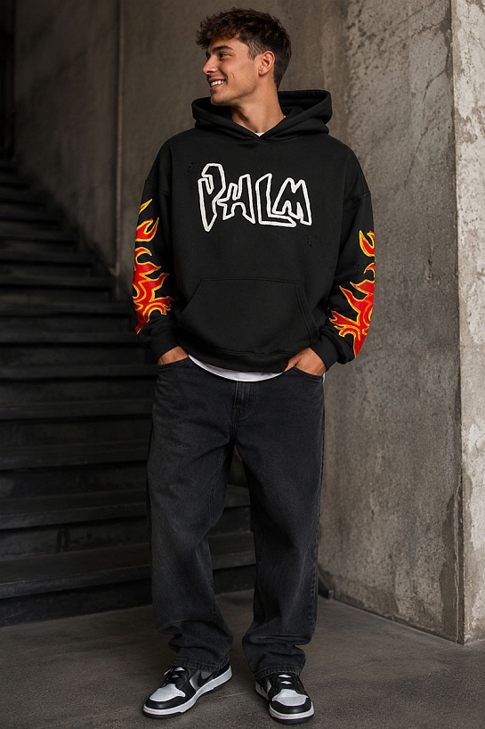 Чёрное худи Palm Angels Graffiti Flames logo-print