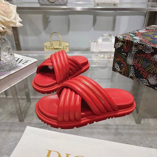 Женские кожаные шлёпанцы Dior D-Cross - Red   