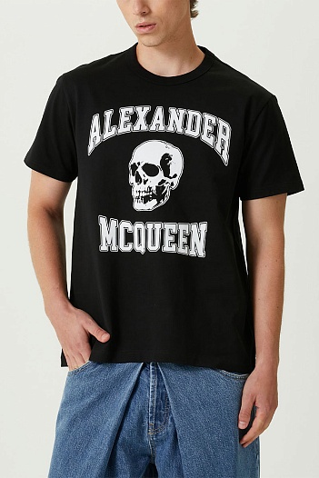 Мужская чёрная футболка Alexander McQueen Skull white logo-print   