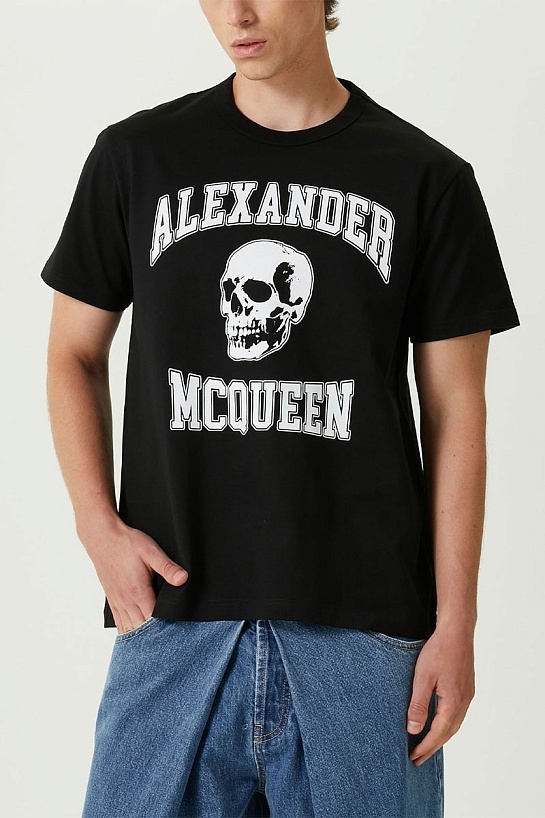 Мужская чёрная футболка Alexander McQueen Skull white logo-print