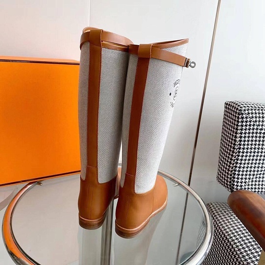Женские кожаные сапоги Hermes Premium - Brown / White