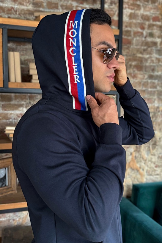 Тёмно-синяя кофта на молнии Moncler striped logo