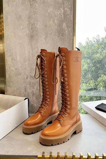 Женские кожаные сапоги Celine Premium - Brown   