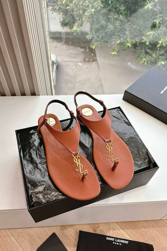 Женские кожаные сандалии Yves Saint Laurent Premium - Brown