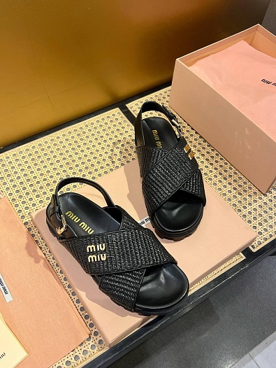 Женские кожаные сандалии MIU MIU Premium - Black   
