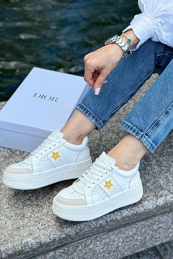 Женские кожаные кроссовки Dior Star - White / Gold   