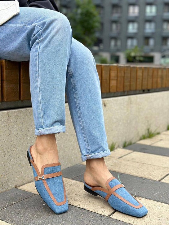 Женские кожаные мюли Hermes Groupie - Blue / Brown