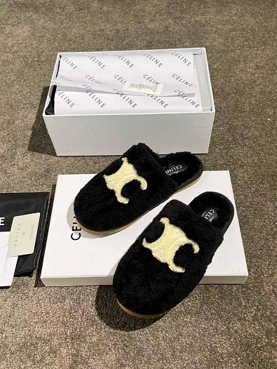 Женские меховые шлёпанцы Celine Triomphe premium   