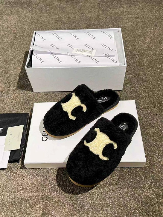 Женские меховые шлёпанцы Celine Triomphe premium