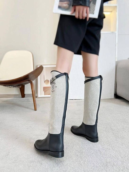 Женские кожаные сапоги Hermes Premium - Black / White