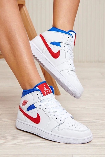 Женские кроссовки Nike Dunk High - White / Blue / Red   