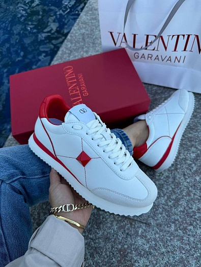 Женские кожаные кроссовки Valentino - White / Red   