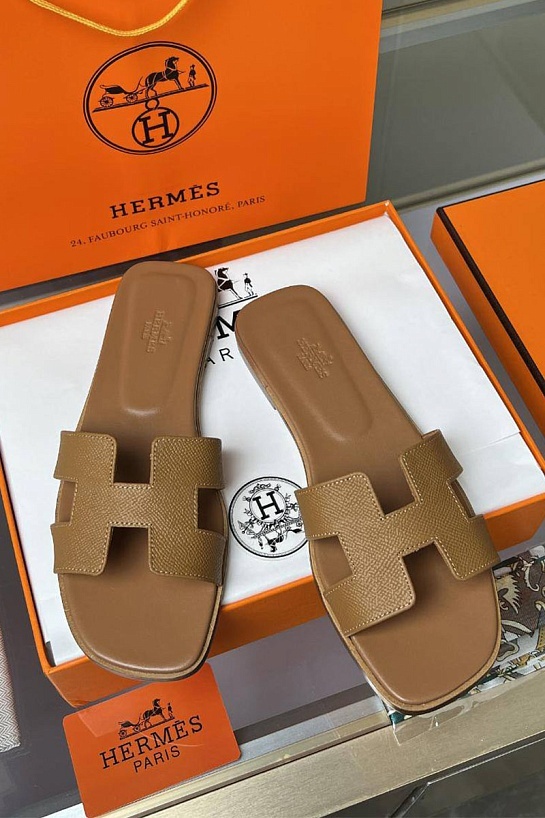 Женские кожаные шлёпанцы Hermes Premium - Chestnut