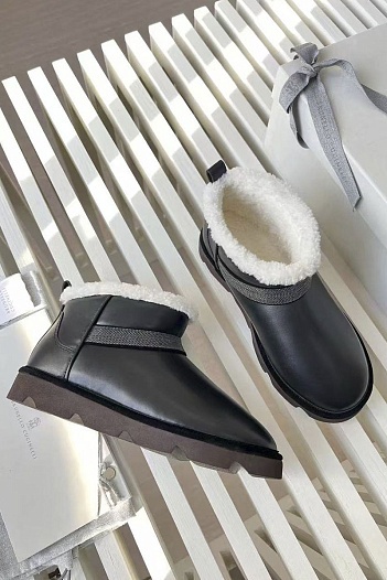 Женские кожаные угги с мехом Brunello Cucinelli Premium - Black   