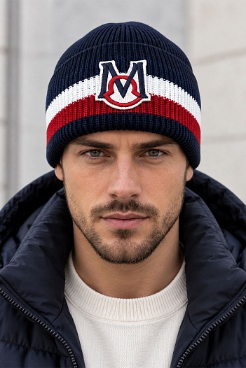 Мужская брендовая шапка Moncler тёмно-синего цвета   