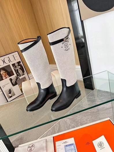 Женские кожаные сапоги Hermes Premium - Black / White   
