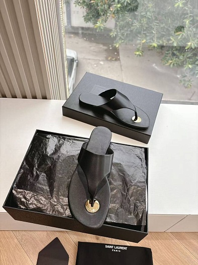 Женские кожаные шлёпанцы Yves Saint Laurent Premium - Black   