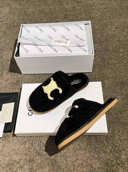 Женские меховые шлёпанцы Celine Triomphe premium