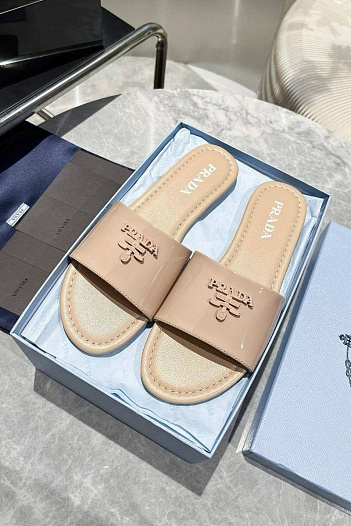 Женские кожаные шлёпанцы Prada Premium - Beige   