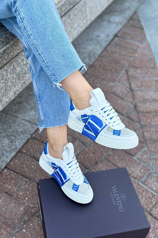 Женские комбинированные кроссовки Valentino "VLTN" - White / Blue