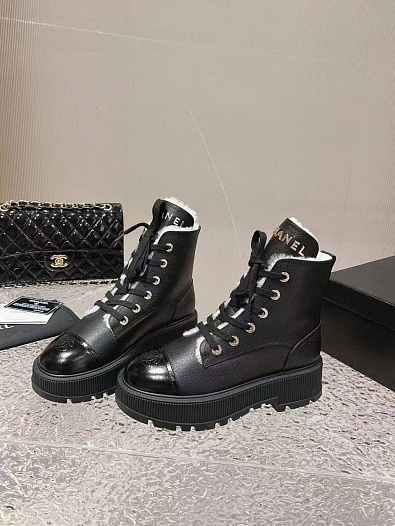 Женские кожаные ботинки с мехом Chanel Premium   