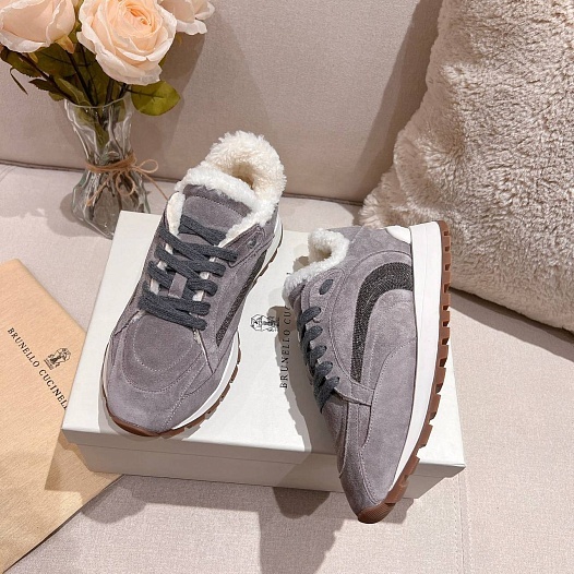 Женские замшевые кроссовки с мехом Brunello Cucinelli Premium   