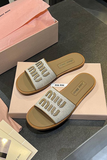 Женские кожаные шлёпанцы MIU MIU Premium - Brown   