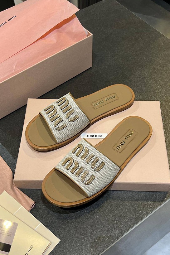 Женские кожаные шлёпанцы MIU MIU Premium - Brown