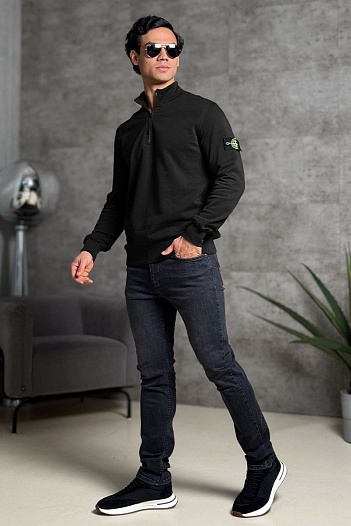 Мужская чёрная кофта с патчем на плече Stone Island Zip Neck   